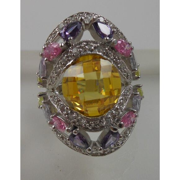 Vintage 1990's CZ Cocktail Statement Ring Simulated Canary Diamond Pink Sapphire - Picture 2 of 9